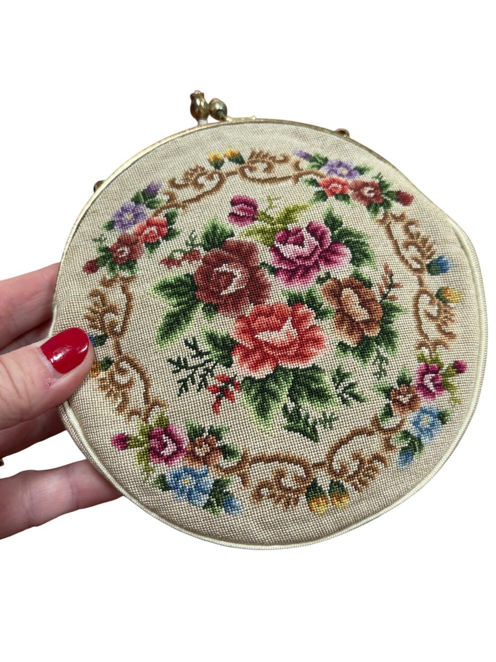 Vintage needlepoint petit point evening bag cream multicolor floral purse round